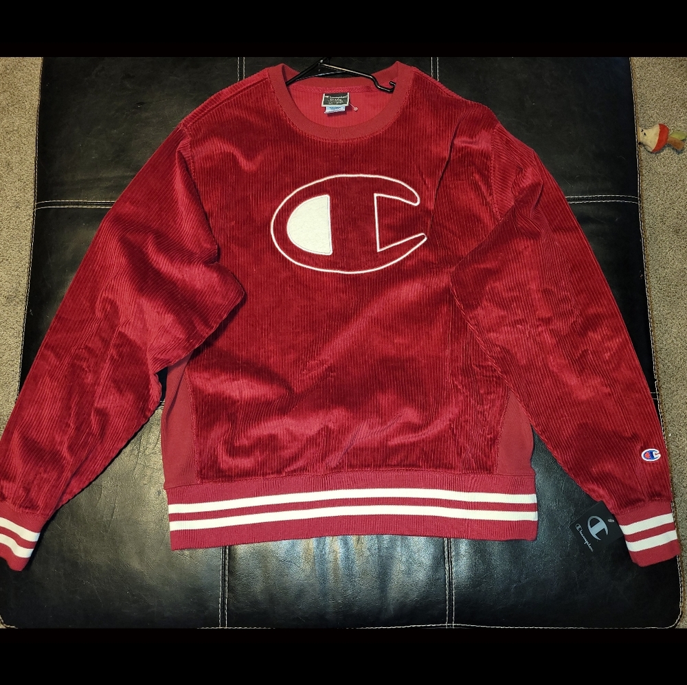 NEW- XL Champion Corduroy Crew Sweatshirt, cherry red, C Logo